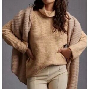 Anthropologie Pilcro Sweater Womens Medium Beige Tan Oversized Cowl Neck Chunky